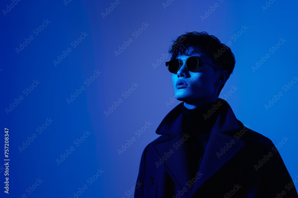 Futuristic Silhouette of a Stylish Chinese Man Under Blue Light