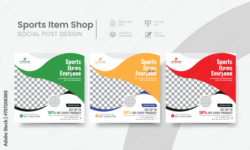 Sports item shop social media post template for web banner & internet ads. Results-driven sports items store social media post suitable layout design. Vol - 12 Sports item shop social media post template for web banner & internet ads. Results-driven sports items store social media post suitable layout design. Vol - 12