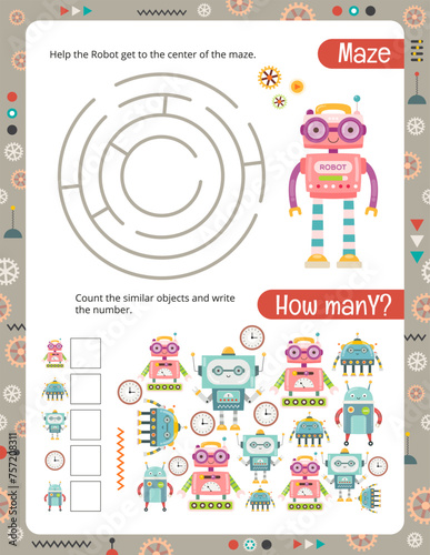 Robot Activity Pages for Book. Printable worksheet with Robots Activities – Maze, math game. Vector illustration. © Nursery Art