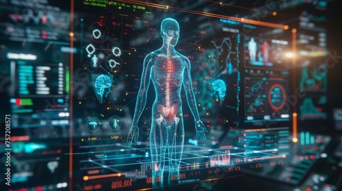 3D human hologram with HUD interface. Futuristic Human Body Analysis Interface with Holographic Anatomy.