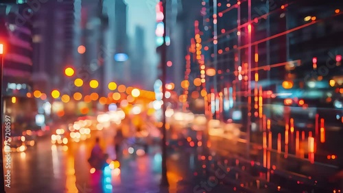 Abstract blurred cityscape at night with vibrant bokeh lights, depicting urban life and traffic in a modern city. photo
