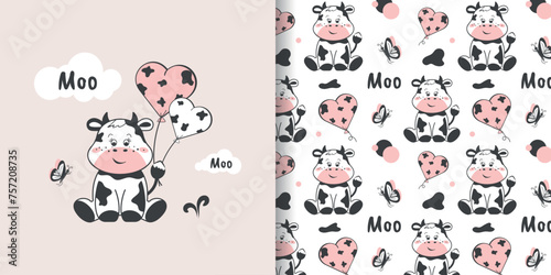 Cute cartoon cow illustration with balloons and seamless pattern for decor, wrapping paper, fabric, textiles and more. Vector design.