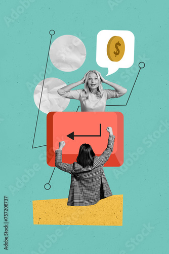 Collage artwork picture of lucky excited ladies earning money isolated turquoise color background photo