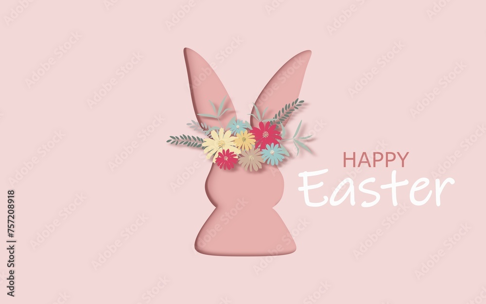 Fototapeta premium Illustration. Happy Easter. Postcard with a cute cut-out Easter bunny, spring flowers in pastel colors, on a pink background.