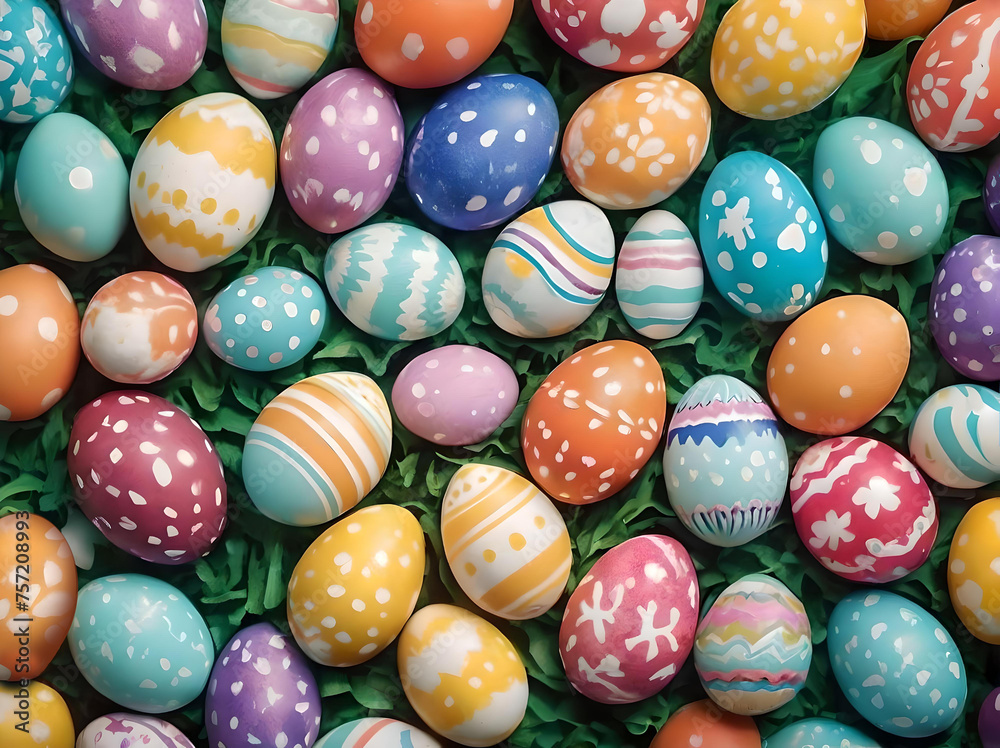 Fototapeta premium colorful easter eggs on grass field. AI Generated.