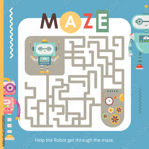 Cute Robots Maze game for children. Help Robot find correct path. Vector illustration. Labyrinth for kids activity book. Book square format.