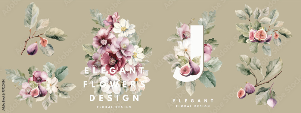 Watercolor cards design templates with flowers and figs fruits
