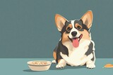 A lifelike illustration of a corgi sitting patiently by its food bowl, capturing the bond between pets and their routine.