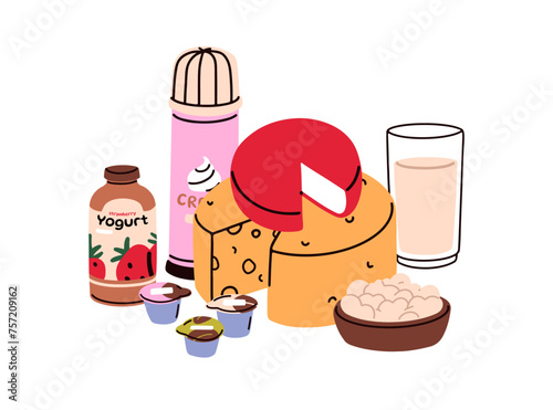 Dairy products. Cheese wheel, whipped cream, curd, cow milk in glass, yogurt ...