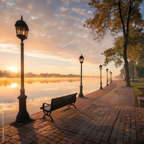A peaceful waterfront promenade with empty benches and lampposts along the side, overlooking a calm river at sunrise. © Pud3lz