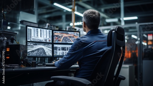 Automotive engineer sitting in front of a computer monitoring control car factory work desk