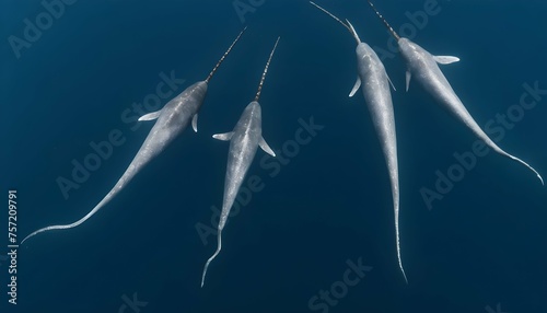 A Pod Of Narwhals With Their Long Spiraled Tusks