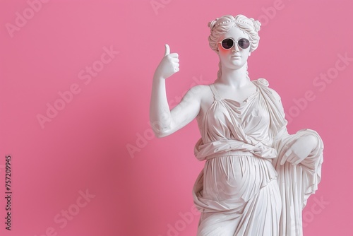 Gypsum Statue in Sunglasses Against Pink Background photo