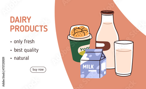 Dairy products, web page background design. Website, online shop, market sale...