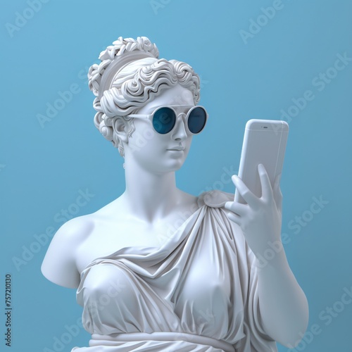 Ancient Statue Wearing Sunglasses and Holding Smartphone