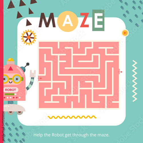 Cute Robots Maze game for children. Help Robot find correct path. Vector illustration. Labyrinth for kids activity book. Book square format.