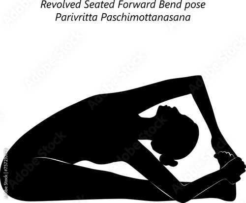 Silhouette of woman doing yoga Parivritta Paschimottanasana. Revolved Seated Forward Bend pose. Intermediate Difficulty. Isolated vector illustration