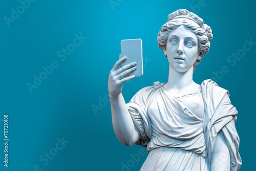 Ancient Statue Captures Selfie Against Blue Background