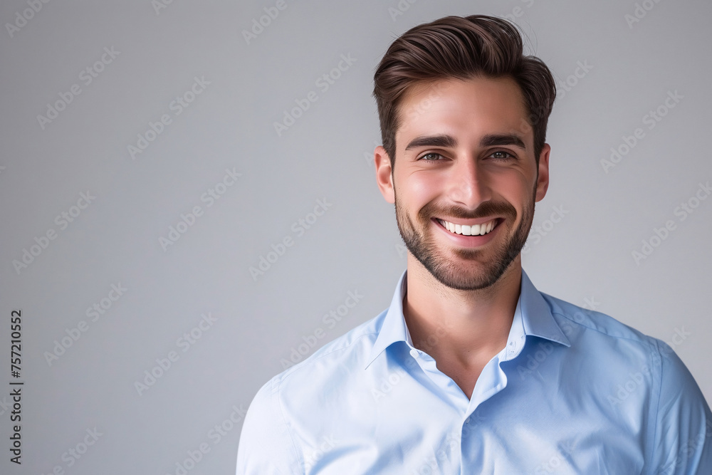 Smiling Businessman in Blue Shirt on Grey Background Smiling Businessman in Blue Shirt on Grey Background