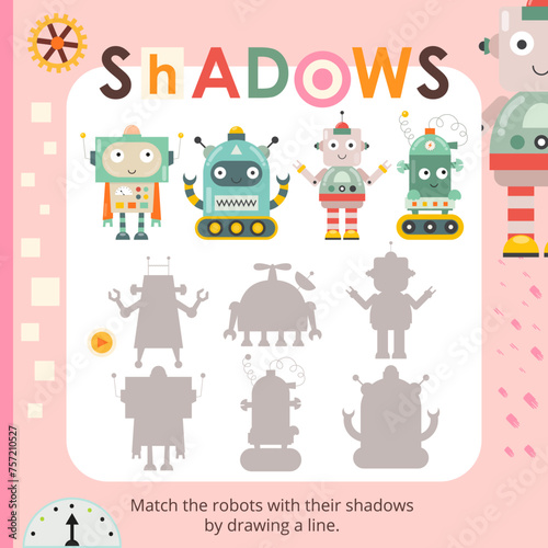 Cute Robot activities for kids. Find the correct shadow for robots. Vector illustration. Book square format.