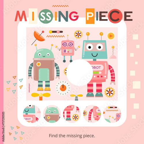 Robot activities for kids. Find the correct  missing piece for picture. Vector illustration. Matching game. Square page for Activity Book. © Nursery Art
