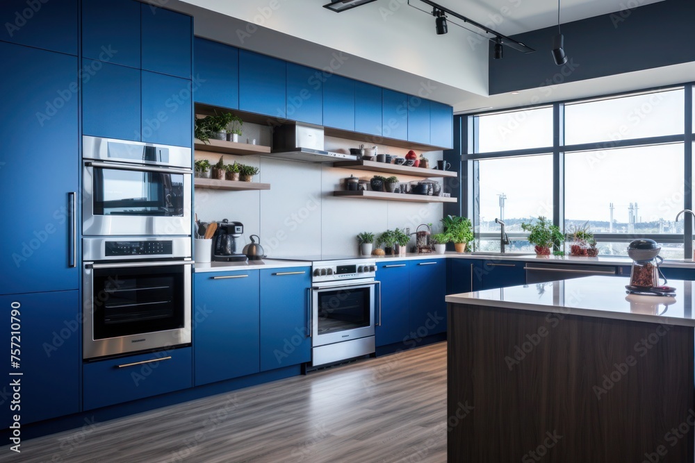 Modern U-shaped kitchen, with a sleek design, in a bold Blue Nova color. Modern U-shaped kitchen, with a sleek design, in a bold Blue Nova color.
