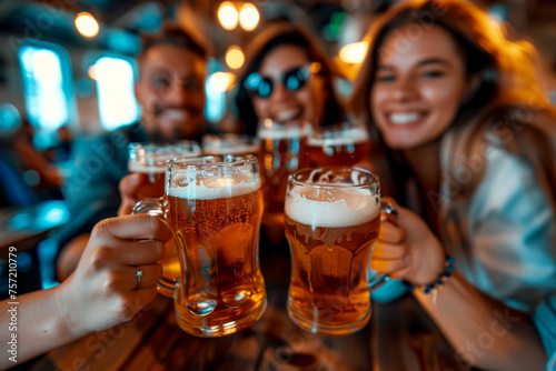 Cheers to Good Times: Young Friends Celebrating Happy Hour at Brewery Pub with Beer and Laughter. Embracing Youth Culture and Lifestyle.