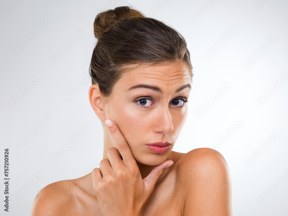 Woman, portrait and beauty with makeup for skincare in dermatology on a white studio background. Face of attractive female person, brunette or model with cosmetics for facial treatment, glow or shine Woman, portrait and beauty with makeup for skincare in dermatology on a white studio background. Face of attractive female person, brunette or model with cosmetics for facial treatment, glow or shine