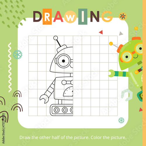 Cute Robots activities for kids. Finish the picture – Robot. Logic games for children. Square Coloring page. Vector illustration.