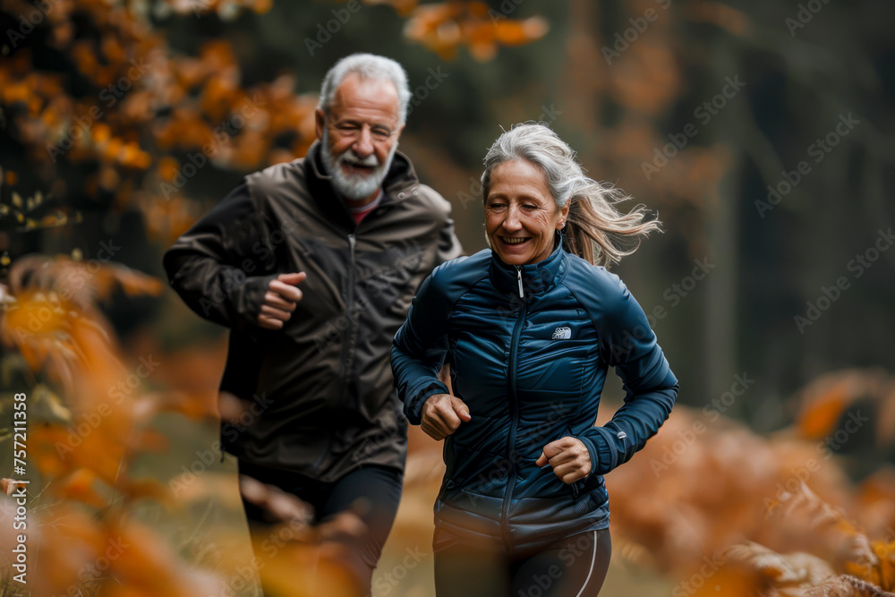 Elderly Couple Embracing Active Retirement Lifestyle: Smiling Together While Jogging Outdoors in Nature for Fitness and Health. Elderly Couple Embracing Active Retirement Lifestyle: Smiling Together While Jogging Outdoors in Nature for Fitness and Health.