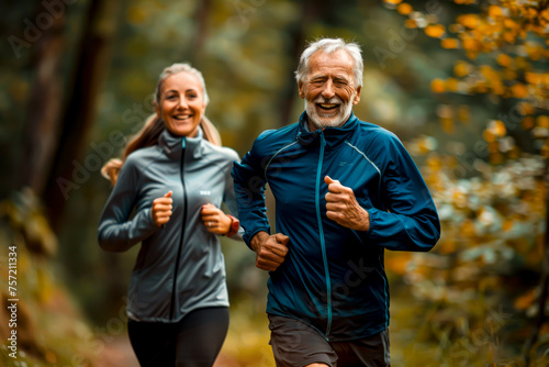 Elderly couple enjoying an active lifestyle together: Senior man and woman smiling while jogging outdoors for a healthy retirement fitness routine.