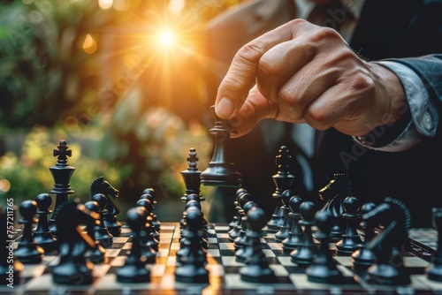 Businessman hands holding chess strategy on challenge with teamwork leadership idea planning or intelligence victory competition.