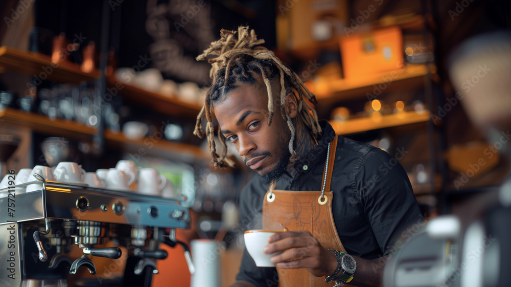 Portrait of The male barista with dreadlocks hairstyle is working in the cafe. Portrait of The male barista with dreadlocks hairstyle is working in the cafe.