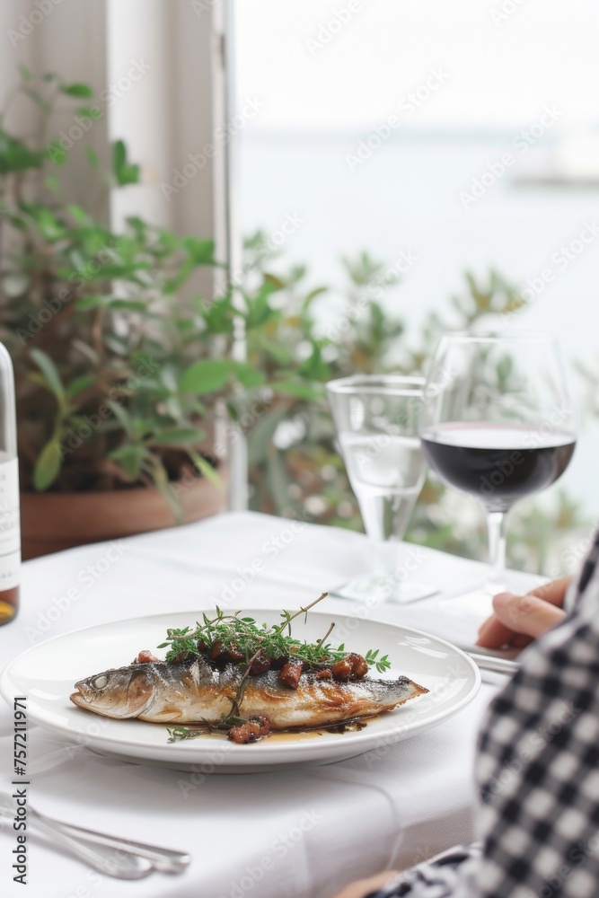 Elegant Seaside Dining with Grilled Sardines and a Glass of Red Wine Elegant Seaside Dining with Grilled Sardines and a Glass of Red Wine