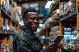 Cheerful salesman overseeing inventory with a tablet in a hardware warehouse