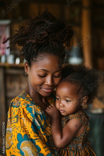 Young black mother holding her daughter embracing, their foreheads touching, sharing a tender moment in a cozy home. Maternal love concept