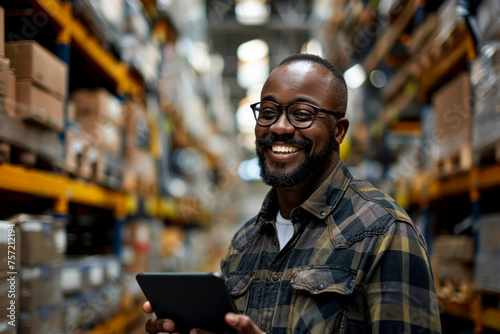 Happy Salesman in Hardware Warehouse Checking Supplies on Tablet