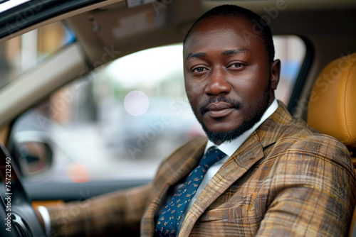 African entrepreneur exuding confidence while seated behind the wheel of his luxury car. © Fernando Cortés