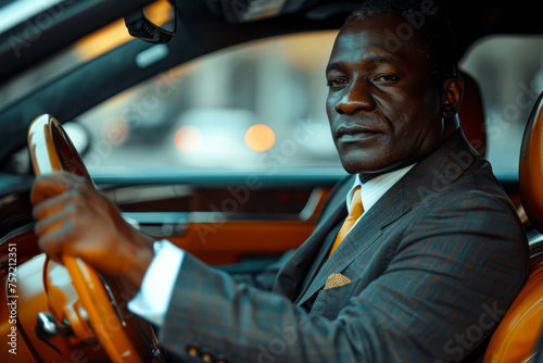 African executive posing confidently in his car, wearing a suit and tie, showcasing success and professionalism. © Fernando Cortés