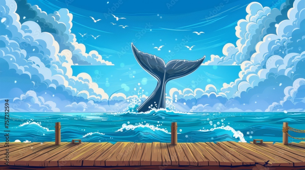 Illustration of a whale tail splashing in the ocean. A modern cartoon illustration of a summer seascape with marine animals in water and fluffy clouds in the sky. Illustration of a voyage adventure, - obrazy, fototapety, plakaty 
