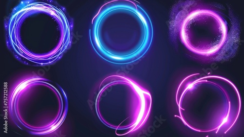Modern illustration of shimmering portals, energy rings, purple and blue magic swirls with sparkles isolated on transparent background.