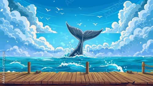 Illustration of a whale tail splashing in the ocean. A modern cartoon illustration of a summer seascape with marine animals in water and fluffy clouds in the sky. Illustration of a voyage adventure, photo