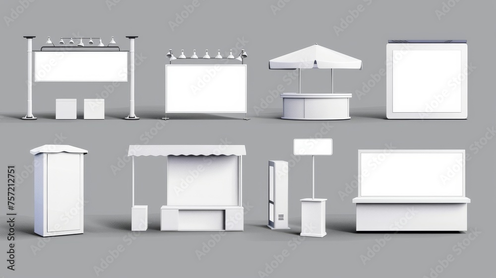 The white empty portable kiosk mockup with signboard is part of a realistic modern illustration set depicting a variety of shapes for retail trade, promotion and presentation purposes. The white empty portable kiosk mockup with signboard is part of a realistic modern illustration set depicting a variety of shapes for retail trade, promotion and presentation purposes.