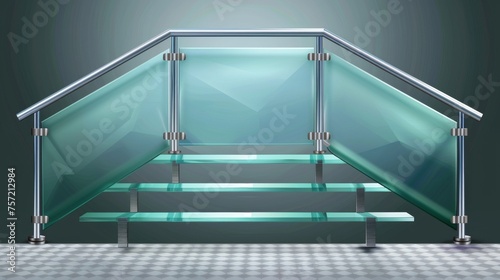 Isolated set of glass handrails on transparent background. Modern realistic illustration of a plastic barrier, stair balustrade, plexiglass fence, on metal poles for interior design.