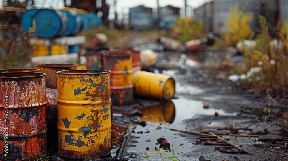 Chemically polluted site with barrels of toxic waste Chemically polluted site with barrels of toxic waste