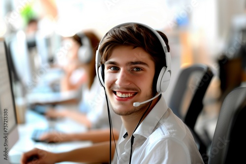 Professional callcenter, a professional young man staff wearing a headphone in uniform smiling.