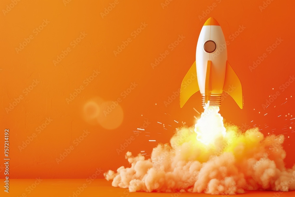 Rocket taking off, startup and business concept, orange background.