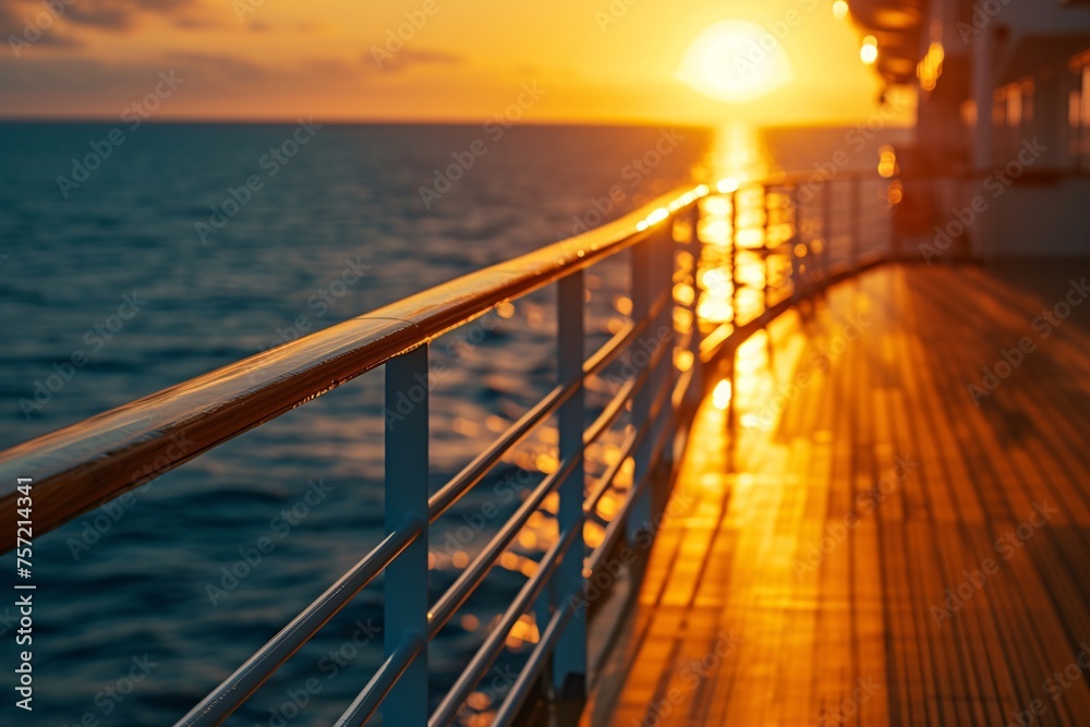 a deck of a ship with a railing and a sunset