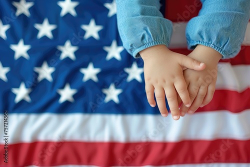 child holding a USA flag. American Flag Wave Close Up for Memorial Day or 4th of July