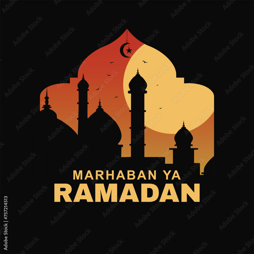 Mosque silhouette background Greeting Marhaban ya Ramadan which means Welcome Ramadan
